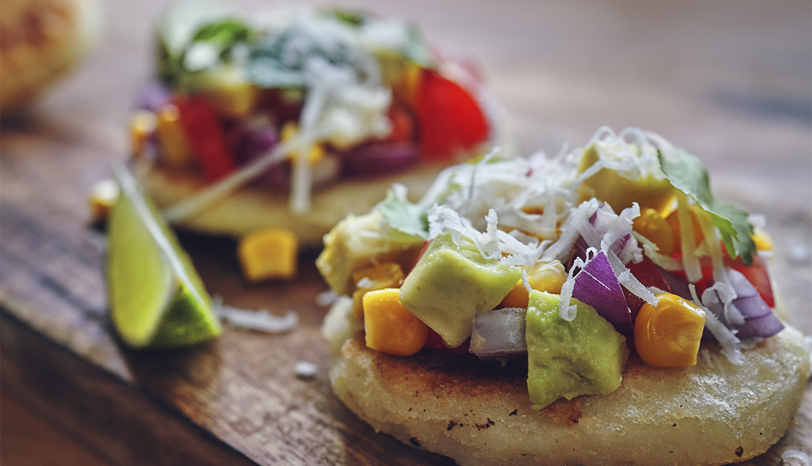 item 6 of Gallery image - Colombian Vegetarian Arepas with Paprika, Corn, Tomato, Onion and Avocado