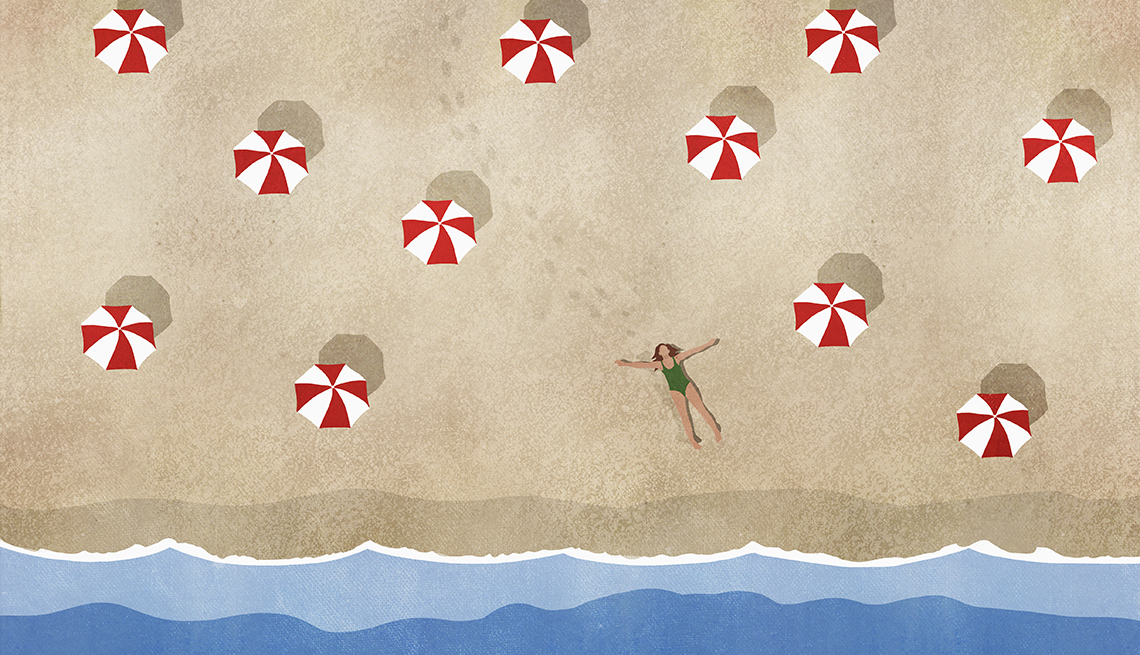 Ilustración de sombrillas y una mujer en la playa