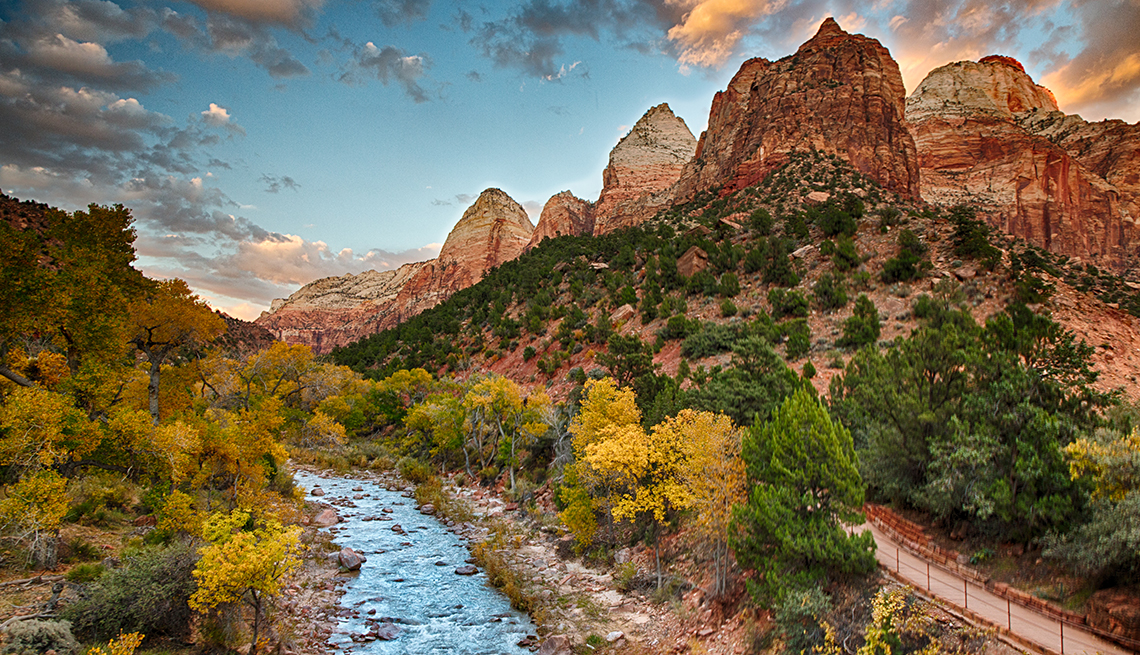 item 1 of Gallery image - view of a scenic canyon and river with red rock formations in zion national park