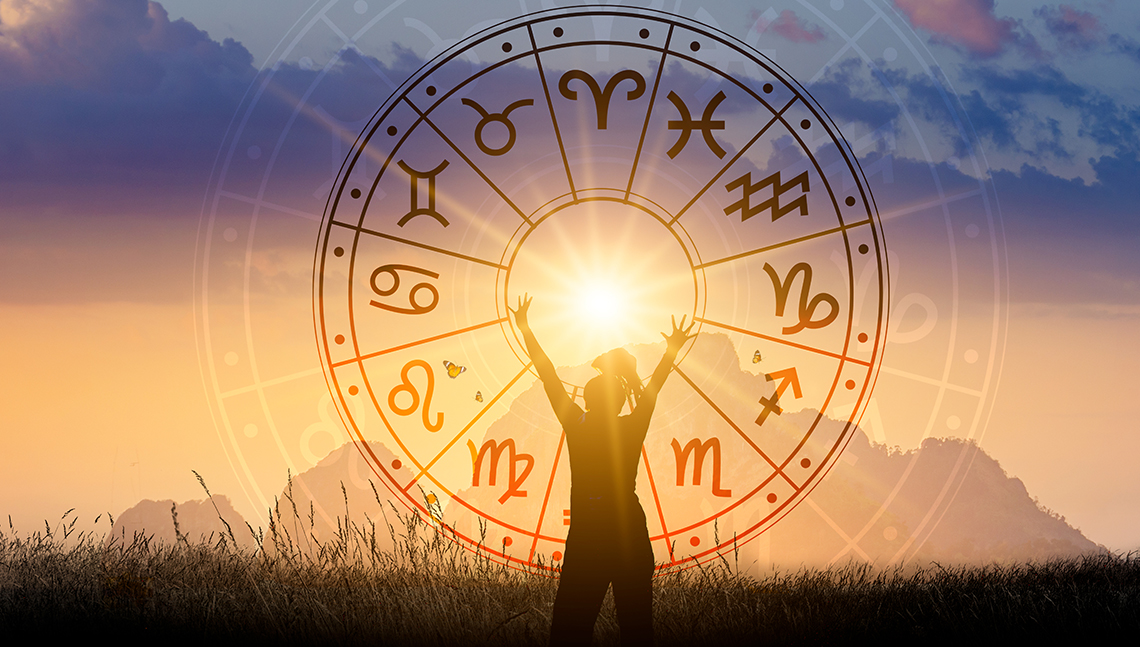 woman with her arms up to the sky silhouetted against a sunrise with the zodiac chart superimposed on top