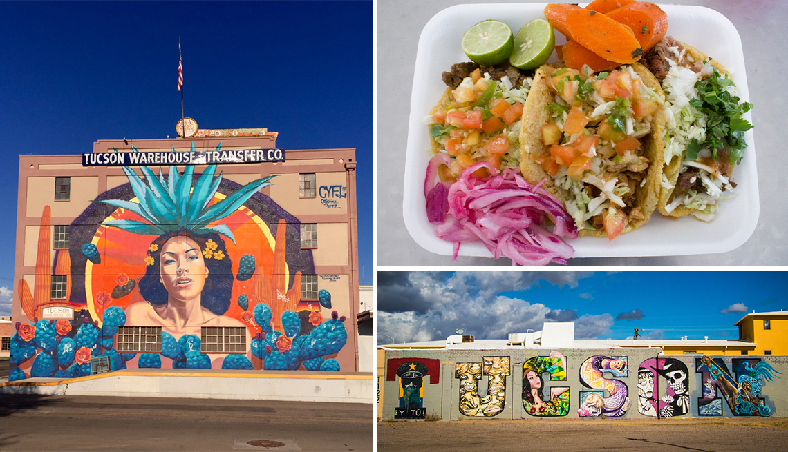 Two murals and a plate of Sonoran-Mexican tacos in Tuscon, AZ