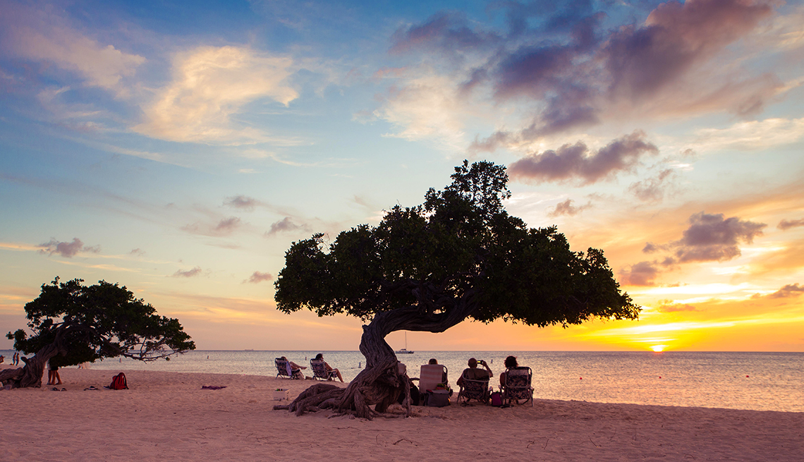 Tourists Watching Sunset Underneath Divi Divi Trees on Eagle Beach, Aruba, Caribbean Island Guide