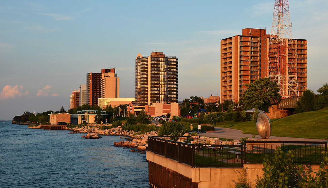 Apartment buildings line the river in Windsor, Ontario