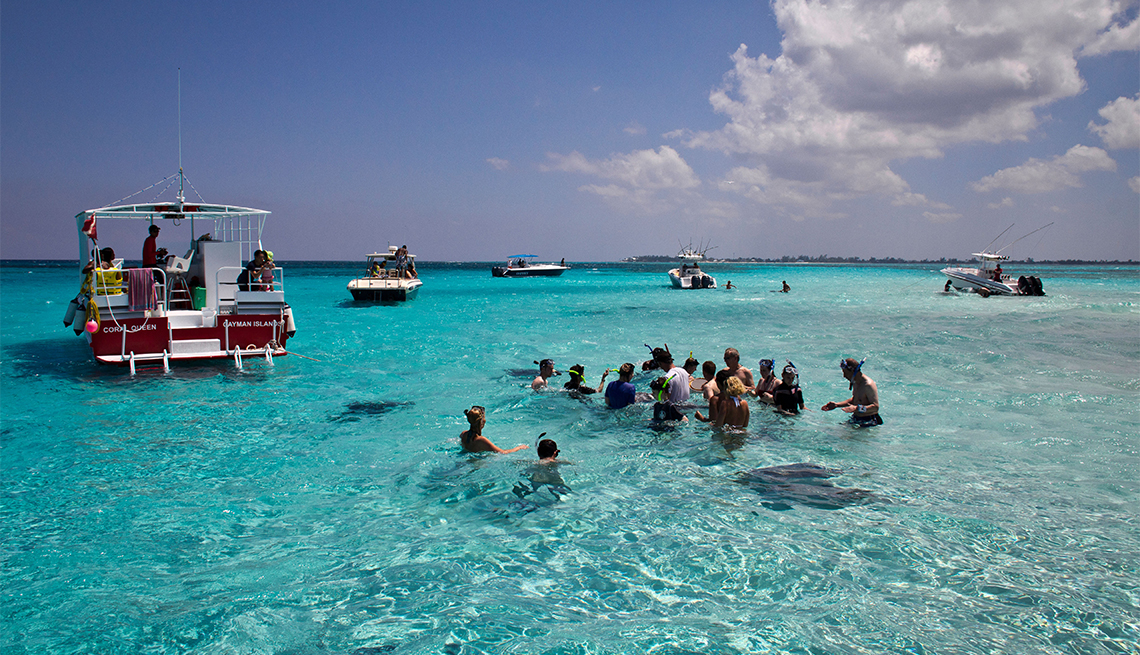 People interact with the stingrays at Stingray City, Cayman Islands
