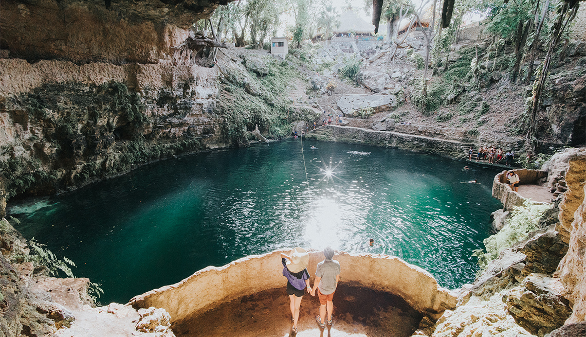 Exploring one of the many cenotes in the Yucatan.