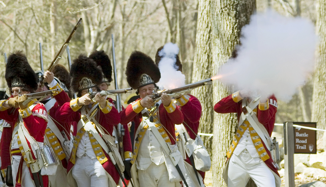 Reenactors Fire Rifles During Battle Reenactment at Minute Man National Historical Park in Concord, Massachusetts, Memorial Day Historic Sites