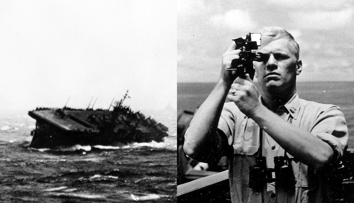Black And White Photos Side By Side Of Gerald Ford's Ship In World War II And A Portrait Of The Young Naval Officer, Presidential Libraries