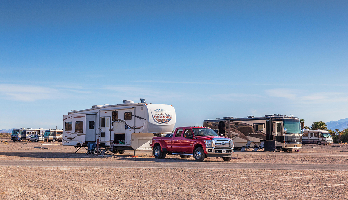 Large American motorhomes and fifth wheelers at Furnace Creek campground, Death Valley