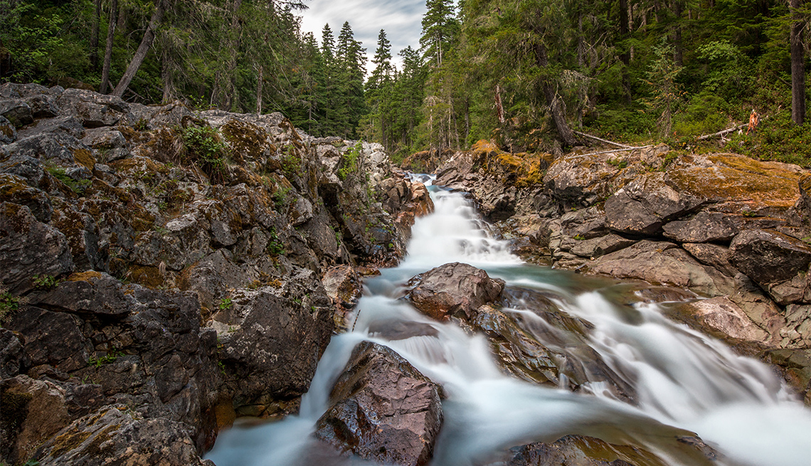 Ohanapecosh River standing over the precipice of Silver Falls in Mount Rainier National Park.