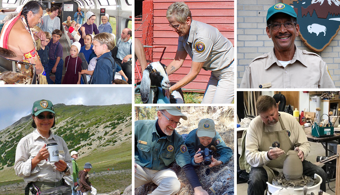 six images of volunteers working in national parks, including educational programs caring for goats artist-in-residence and trail renovations