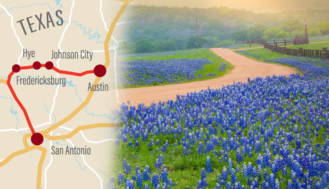 a map of a texas roadtrip next to a field of texas hill country bluebonnets