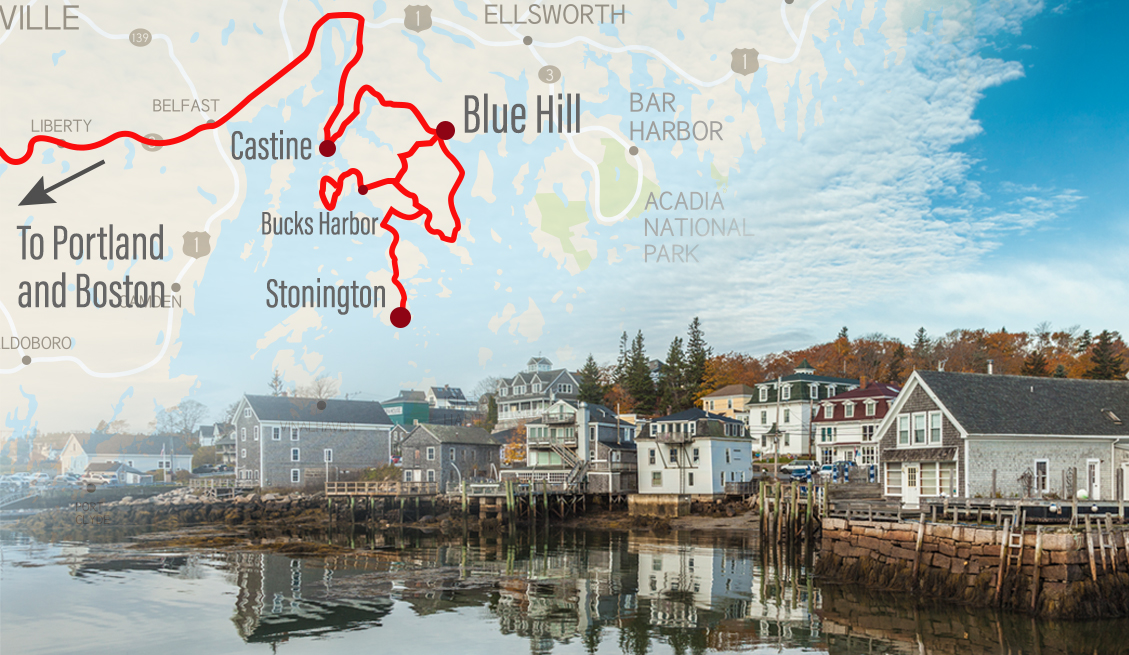road map of the blue hill maine area superimposed with a photo of a quaint fishing village in the area