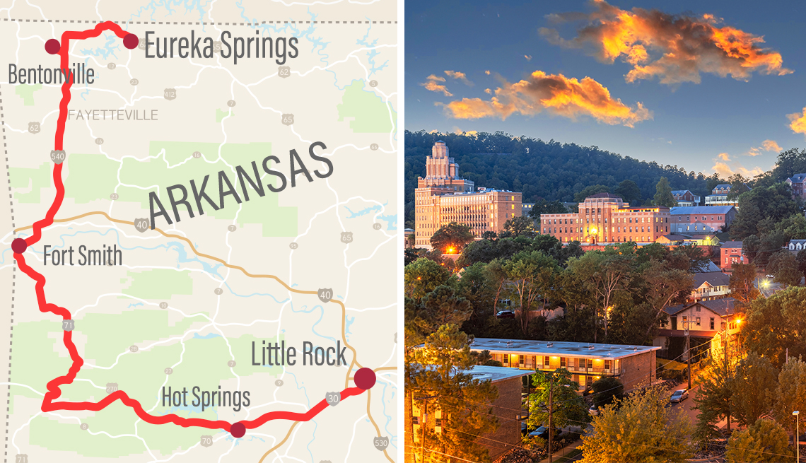 road map of Arkansas road trip from Eureka Springs to Little Rock, and a photo of the town of Hot Springs in the evening