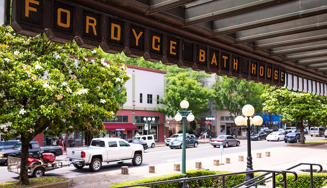 Hot Springs, USA - June 4, 2019: Historical natural mineral water spa bath house, bathhouse row with Fordyce sign building in National park