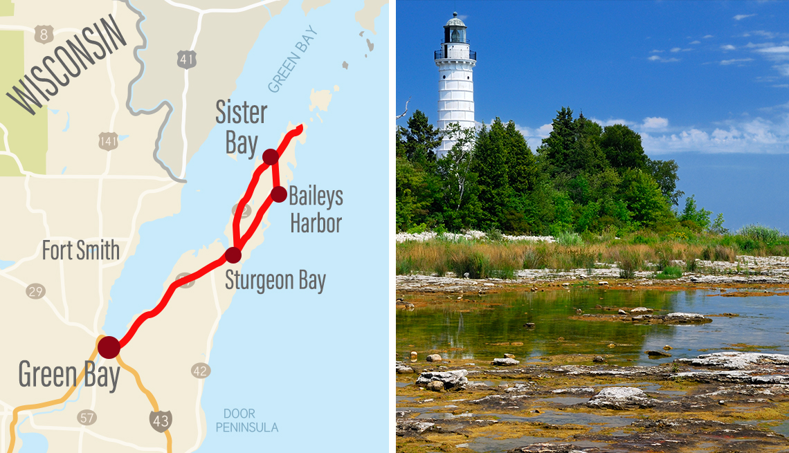 Road map of Door County peninsula in Wisconsin with a road trip route highlighted, and the Cana Island Lighthouse near Baileys Harbor