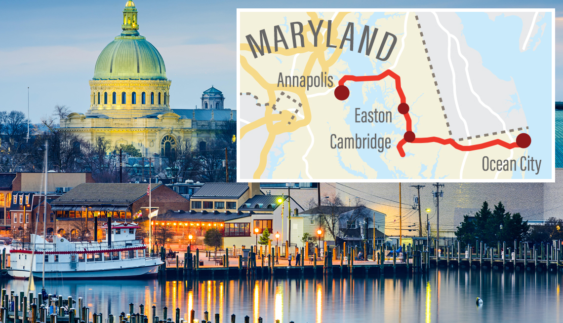 annapolis maryland skyline and a road trip map of maryland