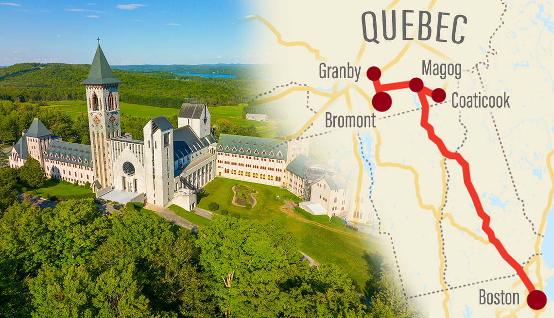 izquierda, la abadía Saint Benoit du Lac en Quebec; derecha, un mapa del viaje por carretera de Boston a Bromont