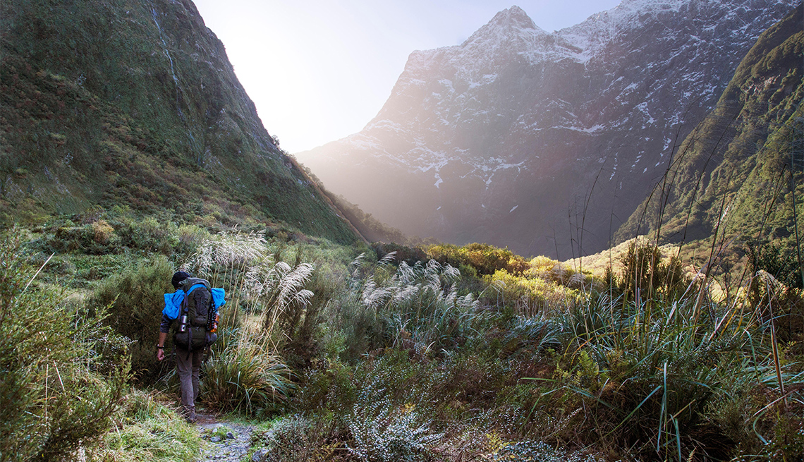 Backpacker hiking the Milford Track, Fiordlands National Park
