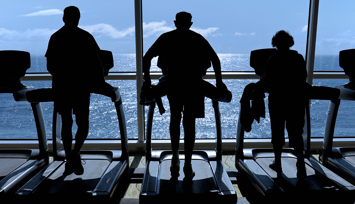 Silhouette Of Three People On Treadmills In The Fitness Center Of A Cruise Ship, Cruise Ship Myths