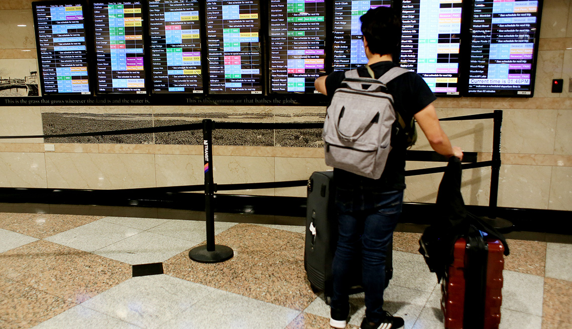 Un hombre con equipaje observa las pantallas de llegada y salida de trenes