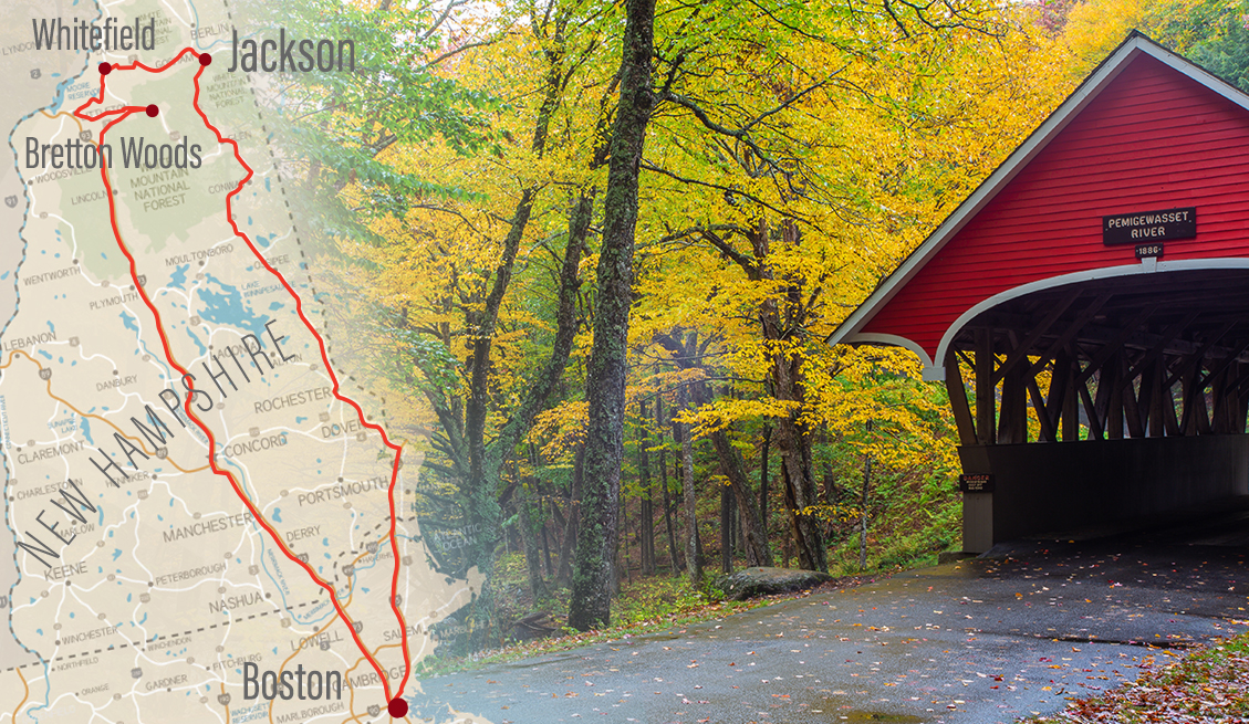 collage image of an old fashioned covered bridge surrounded by fall foliage and a road map of new hampshire with a road trip route highlighted