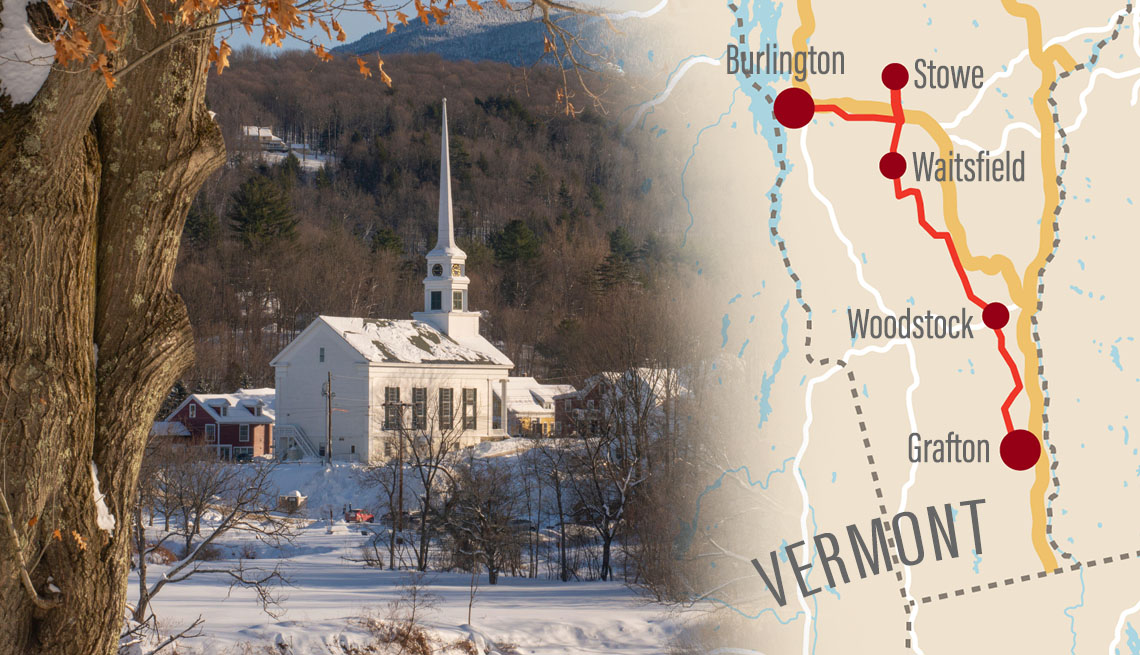 Imagen de una iglesia en Vermont durante el invierno junto a un mapa con una ruta del viaje