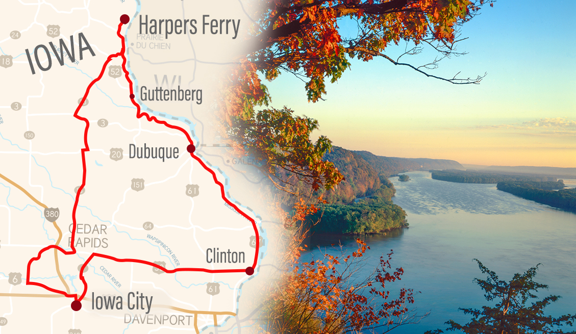 road map of eastern iowa with a driving route highlighted, along with a fall view over the Mississippi