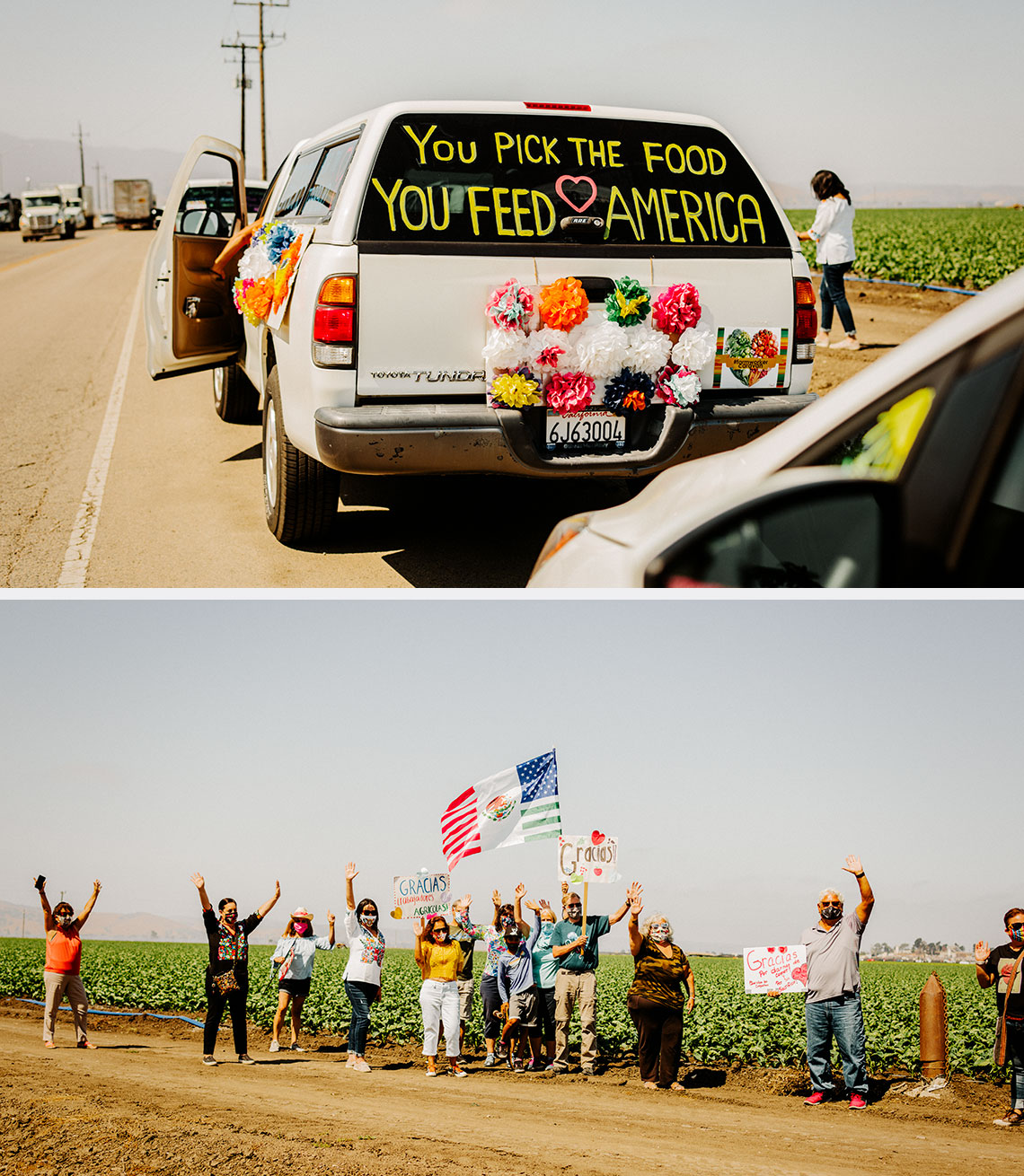 (Arriba) Carro que va con una caravana. (Abajo) Personas que acompañan la caravana, en San José, California, 2020