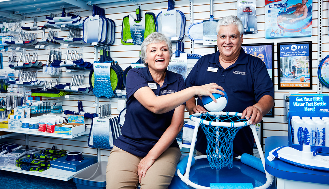 Franchise store owner Miguel Escobar, 59, and his wife Maria Vidal-Escobar inside their pool store