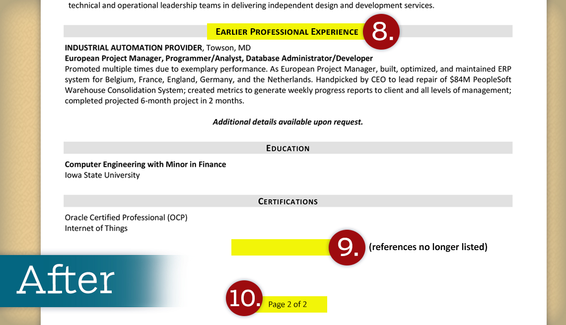 After resume image with numbers eight through ten pointing out the differences from the original resume