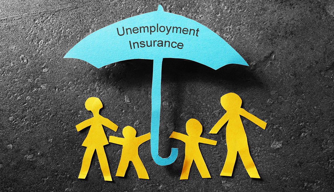 Ilustración de una sombrilla con un letrero que dice seguro de desempleo y personas debajo de ella.