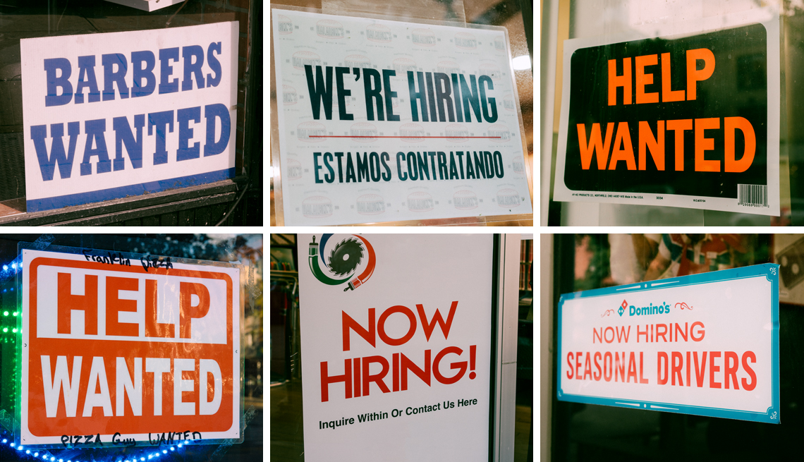 a collection of help wanted signs