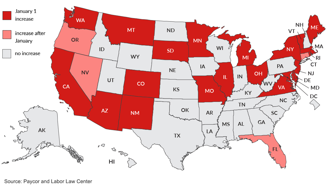 Mapa de los Estados Unidos que muestra los incrementos del salario mínimo para el 2022 por estado.