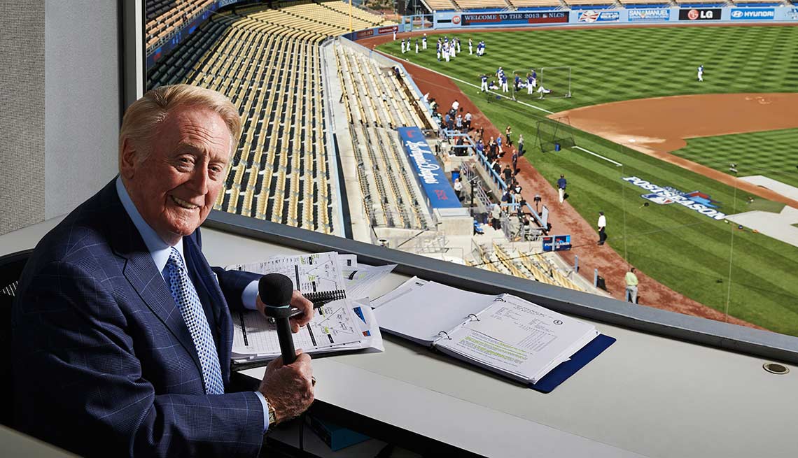 Vin Scully in his booth at Dodgers Stadium.