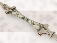 Robotic arms stretching US dollar bill