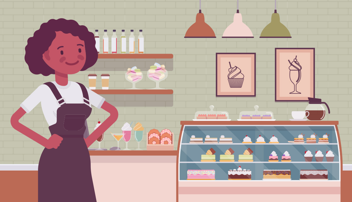 Ilustración de una mujer frente a su negocio de pastelería