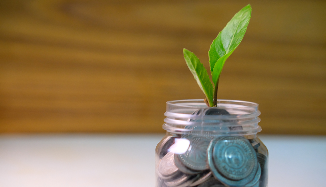 money in a jar with a plant growing out of it