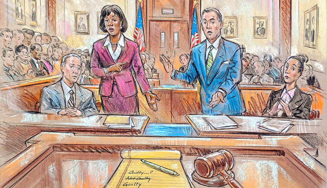 Ilustración de dos abogados argumentado en una corte.