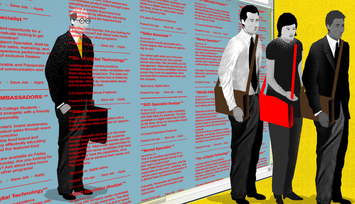 illustration of three younger workers entering for an interview through a classified ad browser with an older worker left behind
