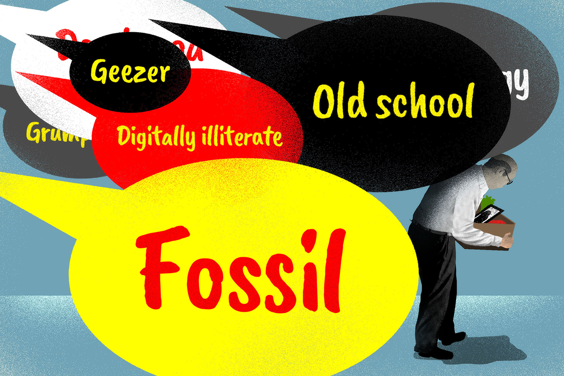 illustration of an older worker beseiged with speech bubbles that contain insults such as fossil digitally illiterate geezer and old school 