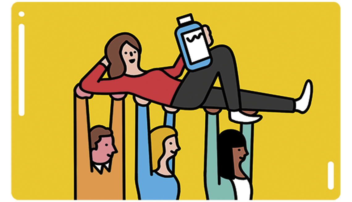 illustration of a woman holding a product while being held up by three other people