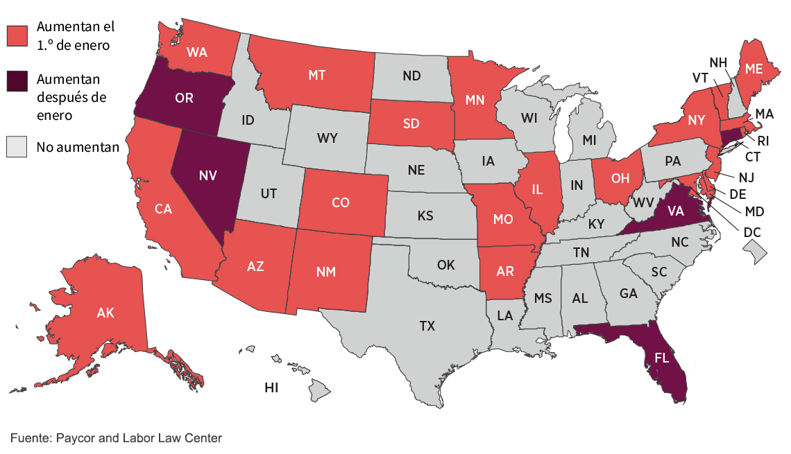 Mapa de Estados Unidos con los estados donde aumentará el salario mínimo en el 2021