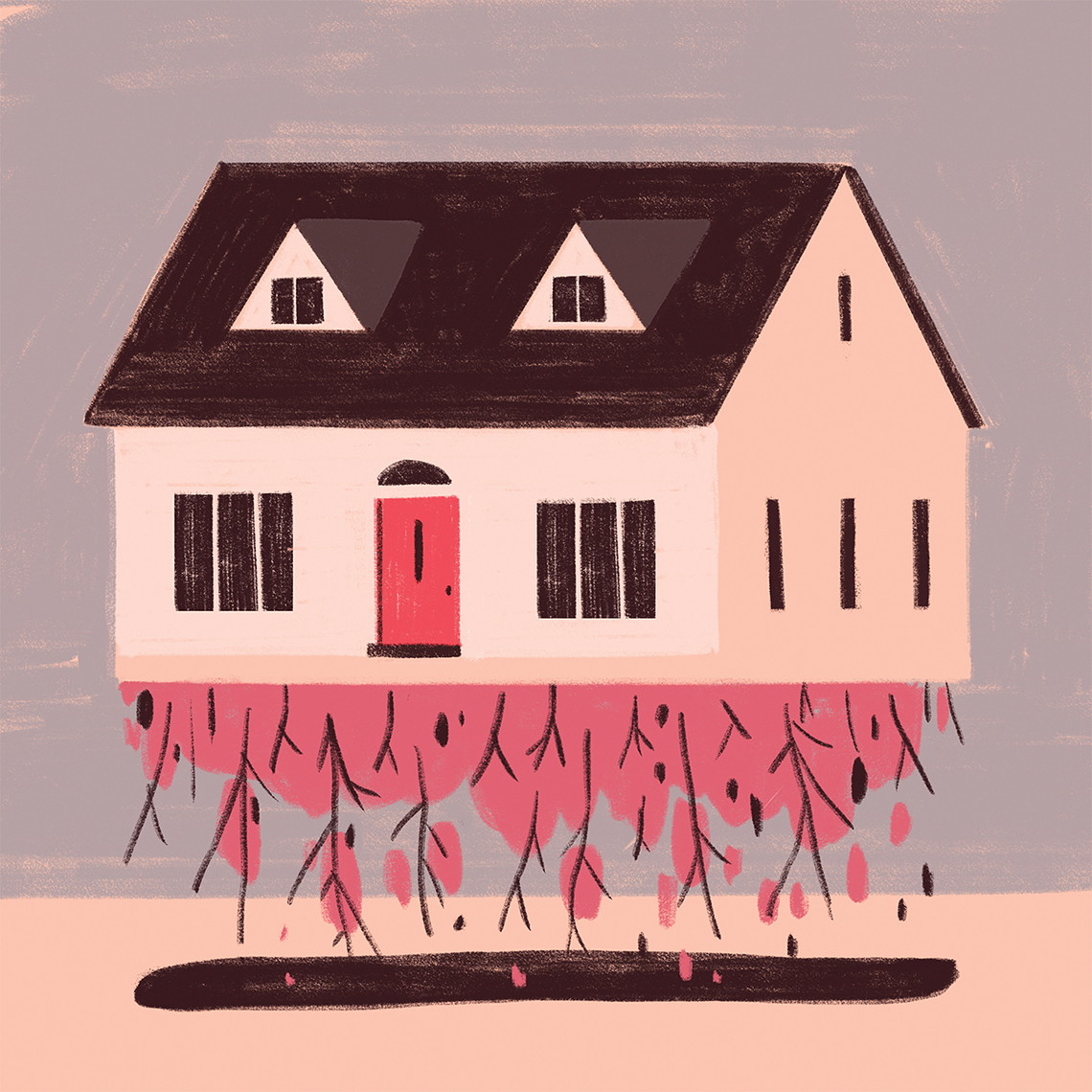Ilustración de una casa que se despega de la tierra y se ven las raíces