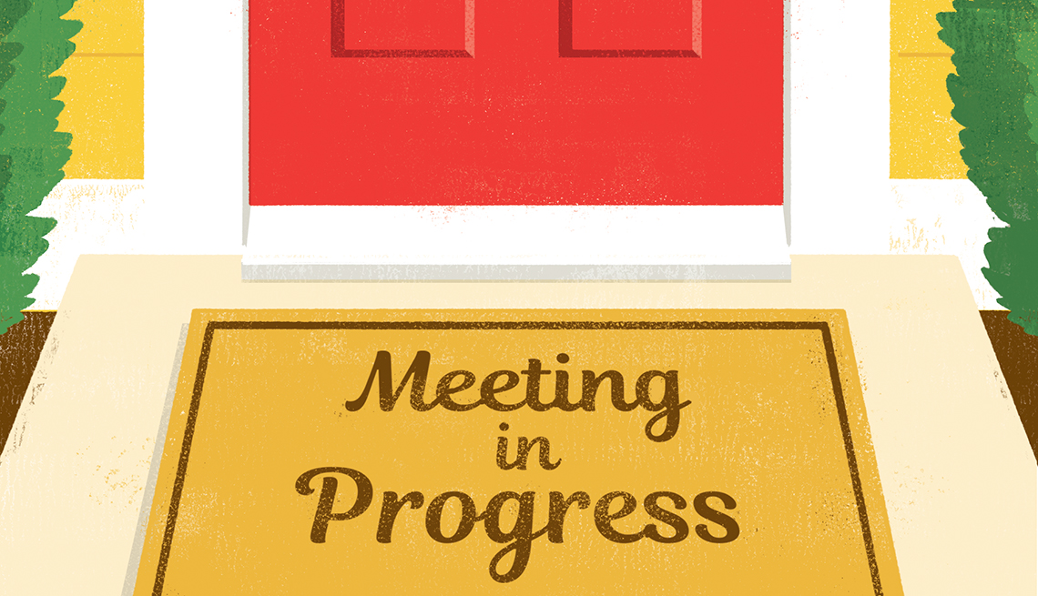 illustration of a front door mat on a porch that says meeting in progress