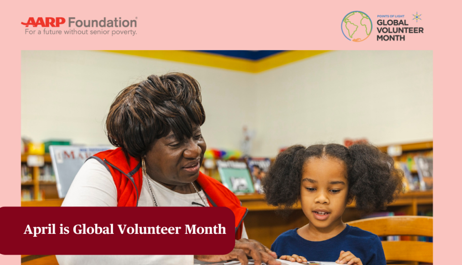 Graphic of older woman tutoring a young child with text &ldquo;April is Global Volunteer Month&rdquo;