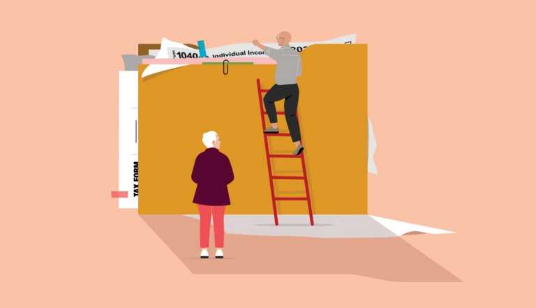 Illustration of an orange folder full of documents with an senior man climbing over a ladder to the top of the folder and another older woman observing.