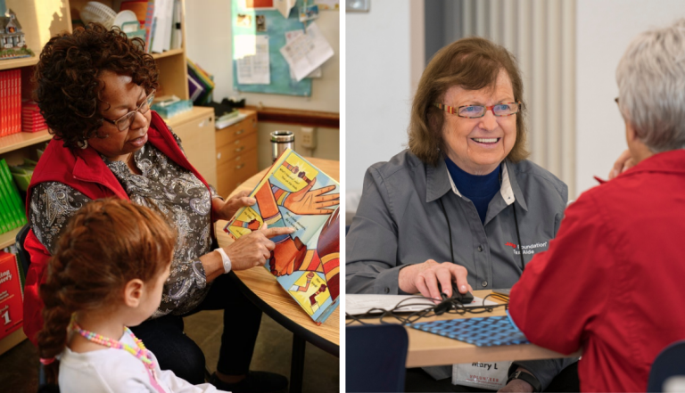 Collage of 2 pictures, Experience Corps volunteer with student and Tax-Aide Volunteer with taxpayer