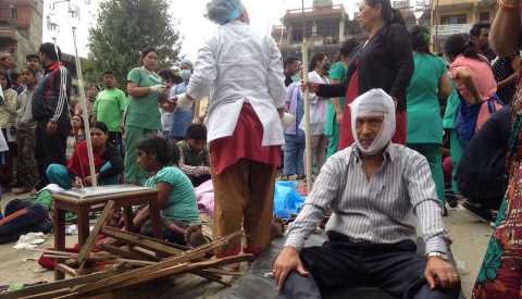 Injured people receive treatment, Kathmandu, Nepal, Earthquake, AARP Foundation, Disaster Relief