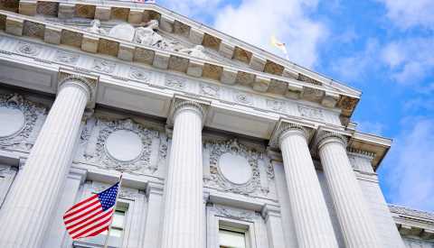 Close-up of San Francisco city hall in San Francisco, CA. 