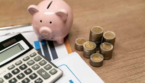 Piggy Bank, Stack of Coins, Calculator, and Papers